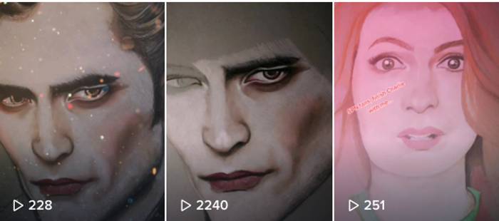 A screenshot of some of Amy's TikTok videos showing the process of the drawings of Robert Pattinson.