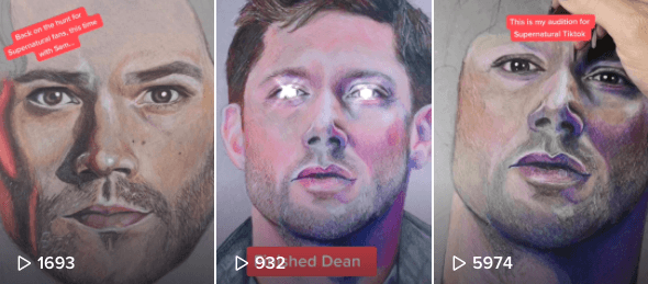 A screenshot of some of Amy's TikTok videos showing various characters from the show Supernatural.