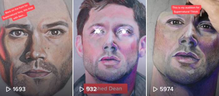 A screenshot of some of Amy's TikTok videos showing various characters from the show Supernatural.