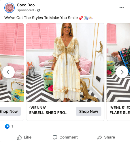 A facebook advert of a woman wearing a long, patterned dress, with the caption "We've got the styles to make you smile."