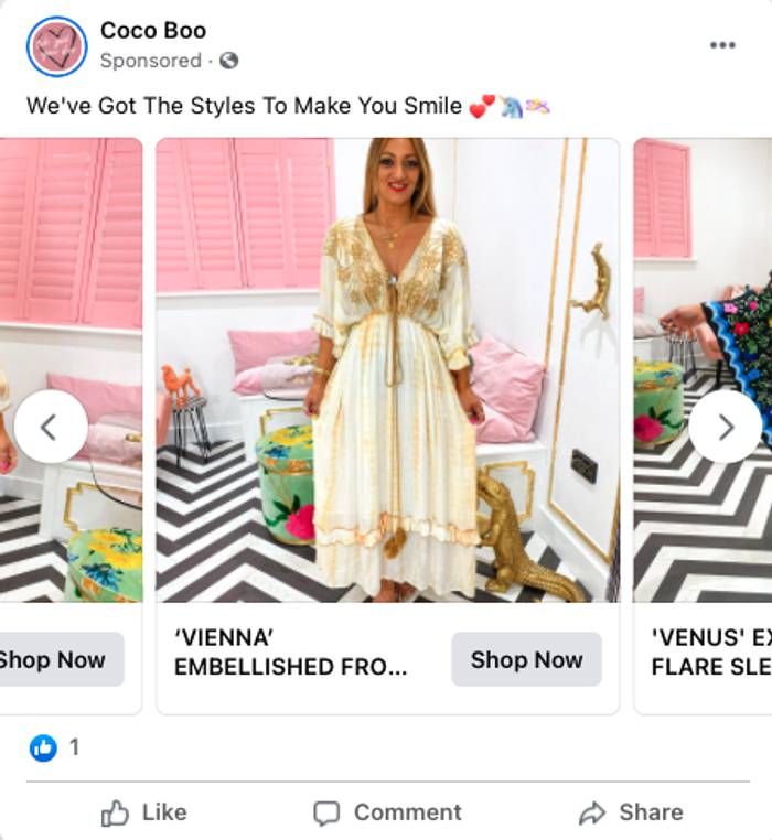 A facebook advert of a woman wearing a long, patterned dress, with the caption "We've got the styles to make you smile."