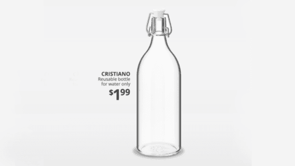 A glass bottle advert from IKEA with names Christiano.