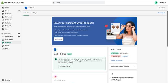 A screenshot of when the Facebook page has connected with the Shopify site as a sales channel.