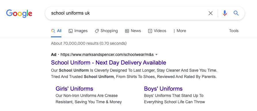A screenshot of the Google Search page showing Marks and Spencer as the top search result for School Uniforms UK.