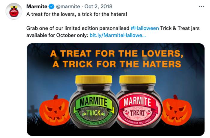 A screenshot of a tweet from Marmite promoting their two Halloween themed jars, one saying poison for the lovers and the other saying poison for the haters, playing on their famous tag line, you either love it or you hate it.