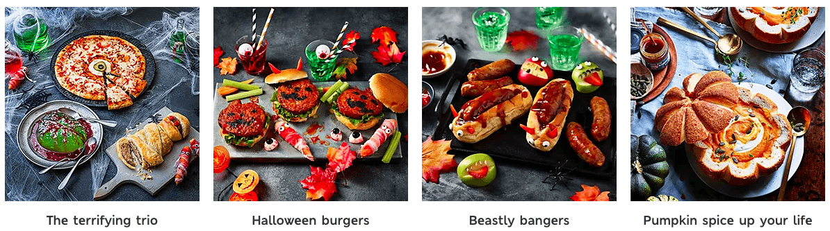A screenshot of the Marks and Spencer Halloween food range showing burgers, hot dogs and jelly all in a spooky scene.
