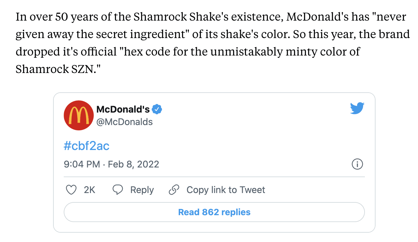 A screenshot of a tweet from McDonalds revealing the hex code for the milkshake colour.