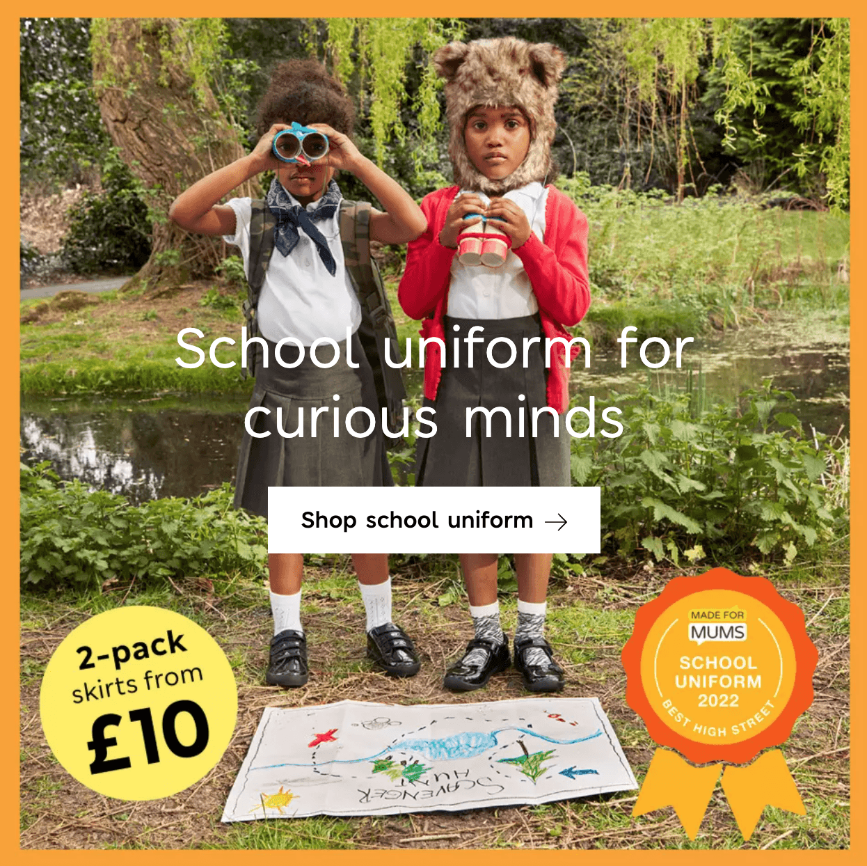 A screenshot of M&S' school uniform website page with a promotion for a two pack of skirts for £10.