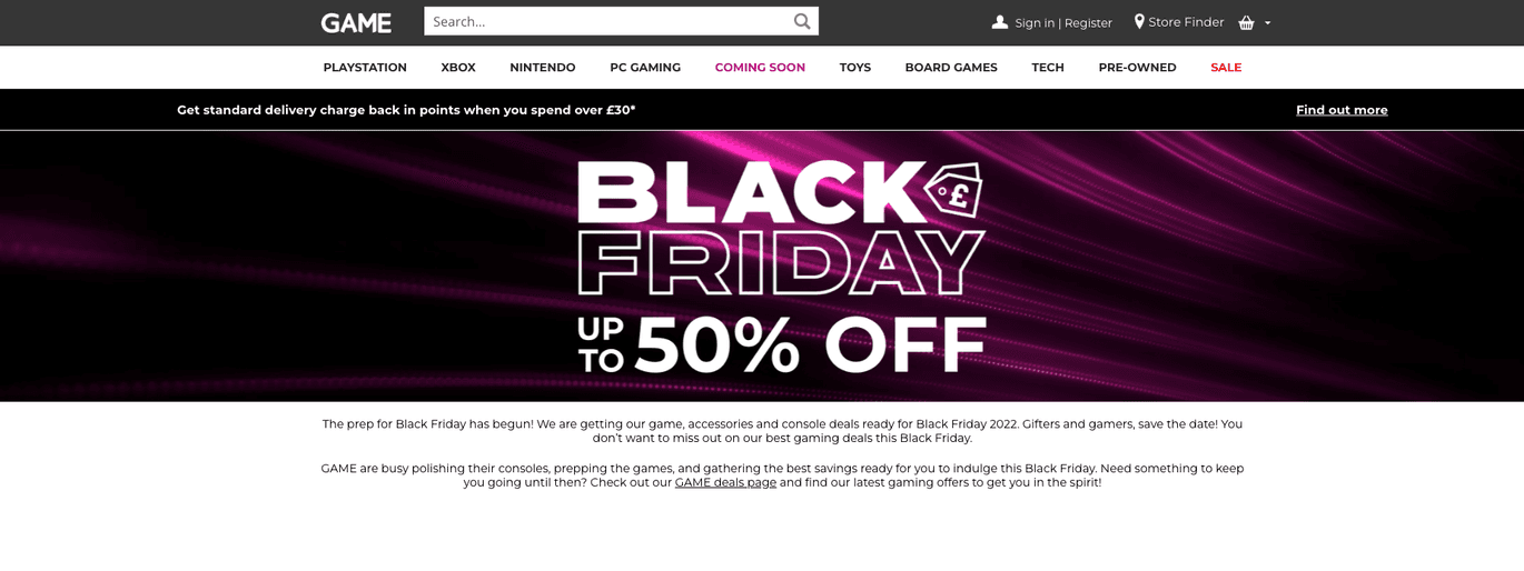 A screenshot of GAME's Black Friday 50% off landing page.