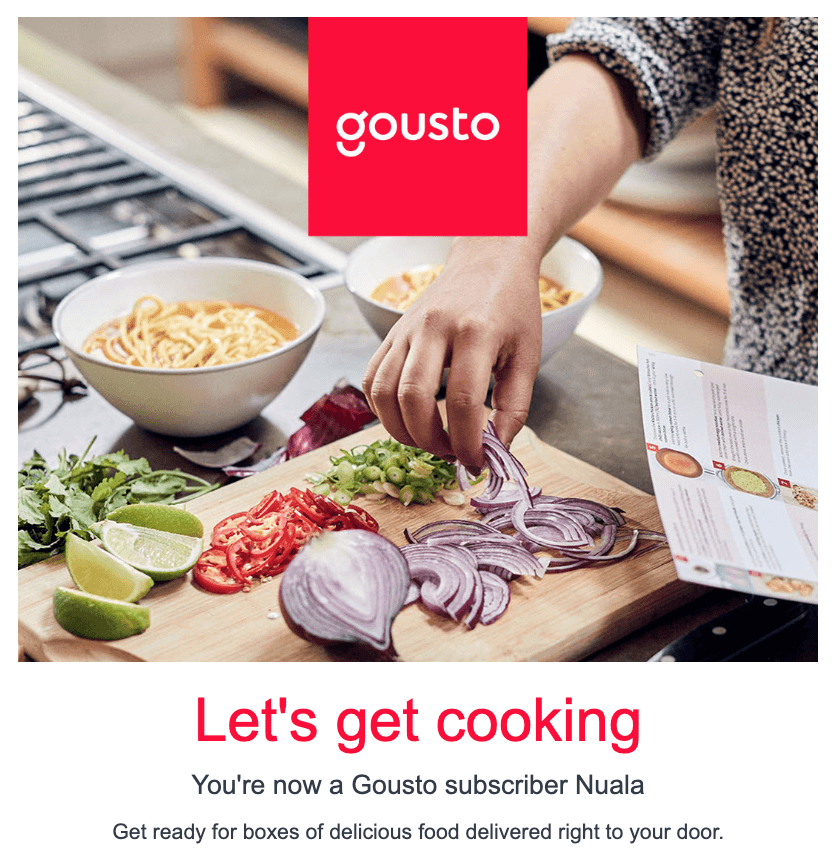 Gousto welcome email saying Let's get cooking