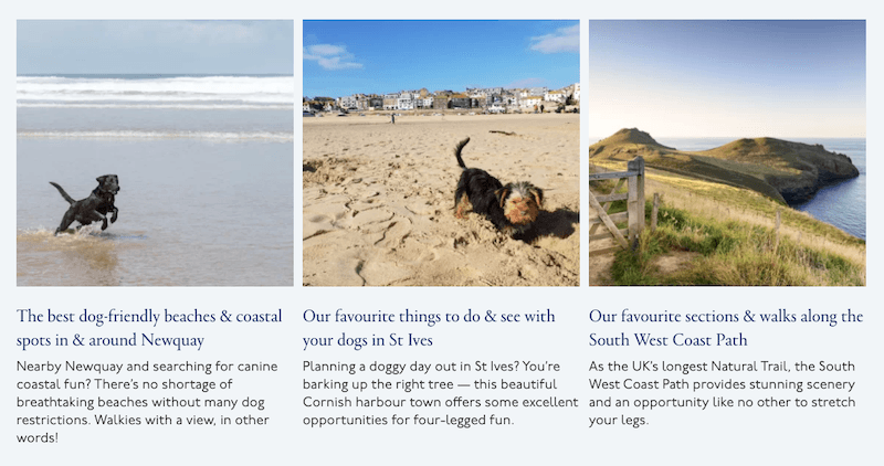 A screenshot of a blog content hub from Lovat Parks covering top tips for things to do around Cornwall