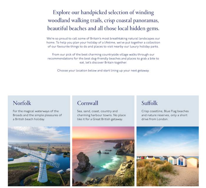 A screenshot of Loval Parks wider blog page looking at each of their park locations.