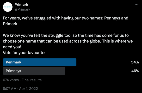 A screenshot of the poll Primark ran on April Fools' Day about a name change.