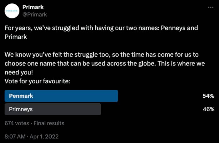A screenshot of the poll Primark ran on April Fools' Day about a name change.