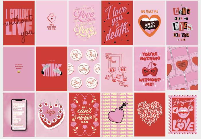 Collection of 18 Valentine's Day greeting cards with romantic messages and illustrations in red and pink tones, featuring hearts, love quotes, and decorative designs.