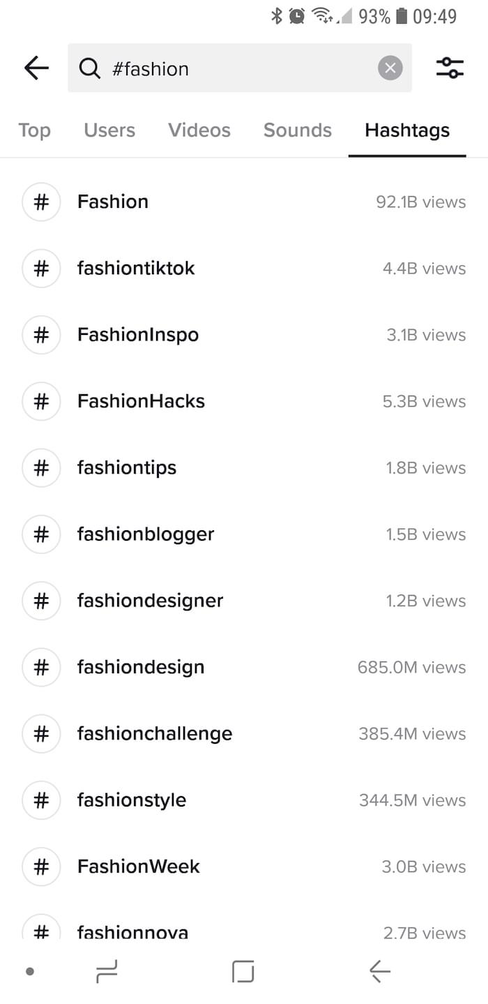 A screenshot of hashtags searched for on TikTok, showing the number of times it's been used on the app, such as hashtag fashion 4.4 billion views.