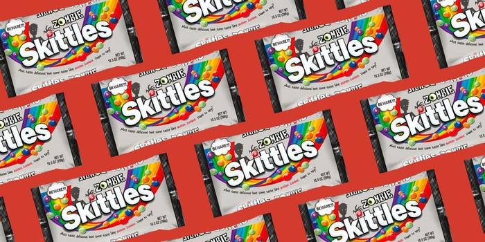 A graphic featuring lots of packets of Zombie Skittles which have some hidden flavours which taste disgusting.