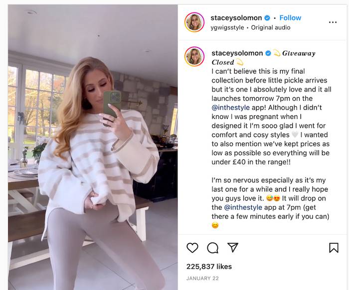 Screenshot of Stacey Solomon's Instagram post; good example of being 'human'.