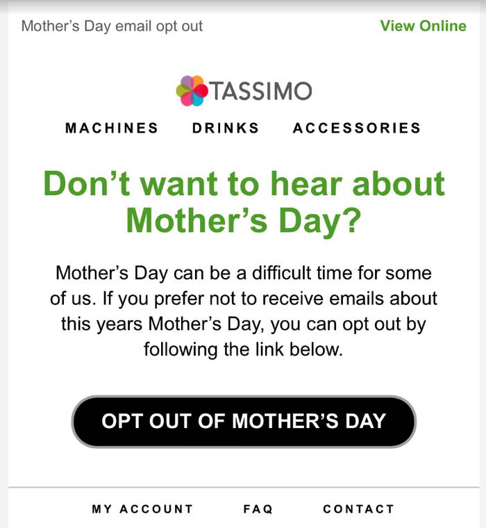 Screenshot of Tassimo email asking recipients whether they want to receive emails about Mother's Day.