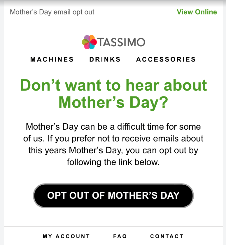 Screenshot of Tassimo email asking recipients whether they want to receive emails about Mother's Day.