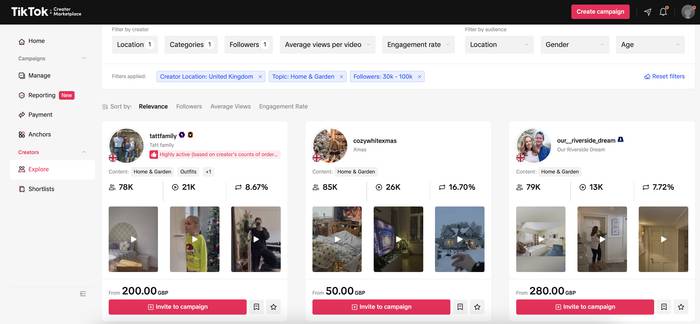 A screenshot of the TikTok Creator Marketplace interface.