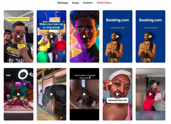Grid of ten TikTok video thumbnails under the red "TikTok Videos" tab, including two Booking.com Eurovision ads, a horse in a stable and a "Ceramide Rich SPF" skincare clip.