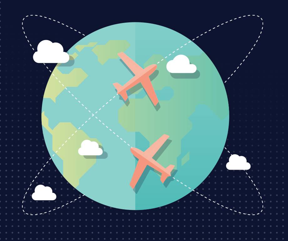 A globe with two pink airplanes flying around it, surrounded by clouds and dashed dotted lines representing flight paths against a dark dotted background.