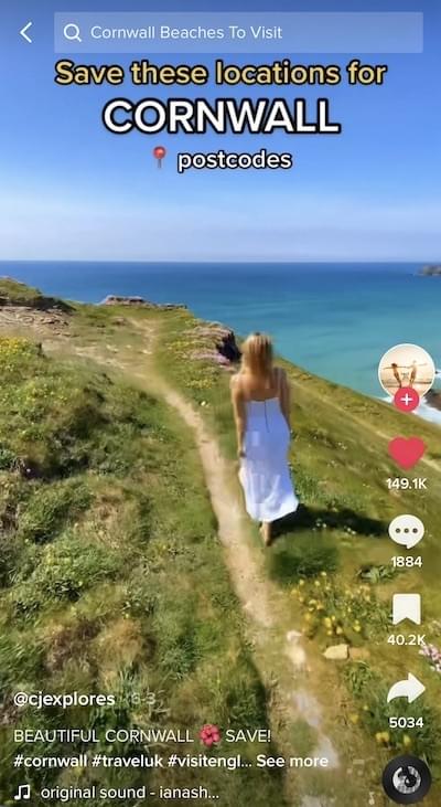 Example of how to use postcodes in a travel TikTok post.