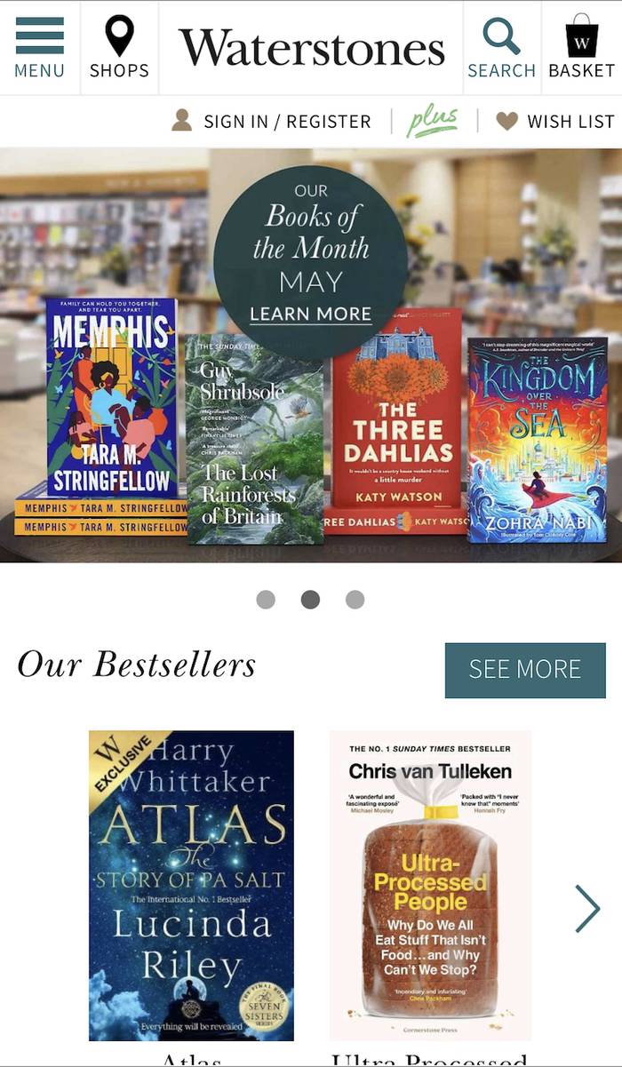 Screenshot of the Waterstones homepage on mobile, showing responsiveness and good user experience.