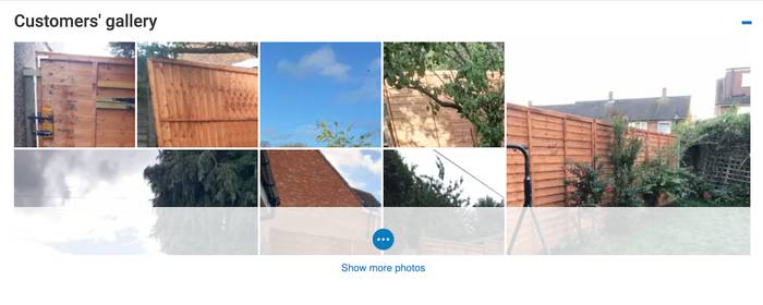 Customers' gallery showing photos of wooden garden fencing, trees and blue sky, with a faded row of more images and a Show more photos button below.