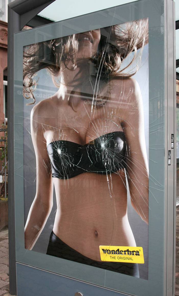 Wonderbra’s ‘Boobs! I broke the glass’ bus shelter ad campaign.
