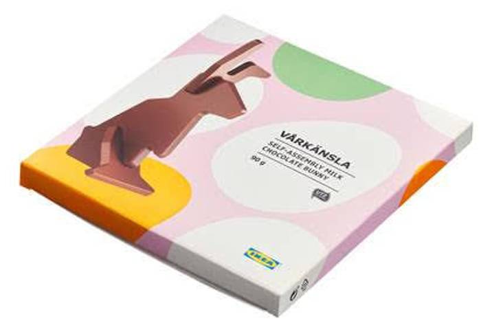 IKEA Vårkänsla milk chocolate bunny box, 90 g, showing a chocolate bunny on a pink background with green and orange circles.