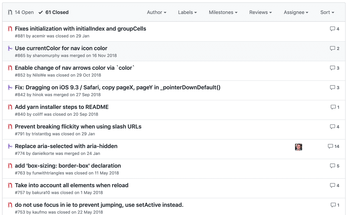 Closed issues on Flickity's Github repo.
