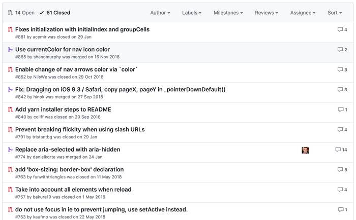 Closed issues on Flickity's Github repo.