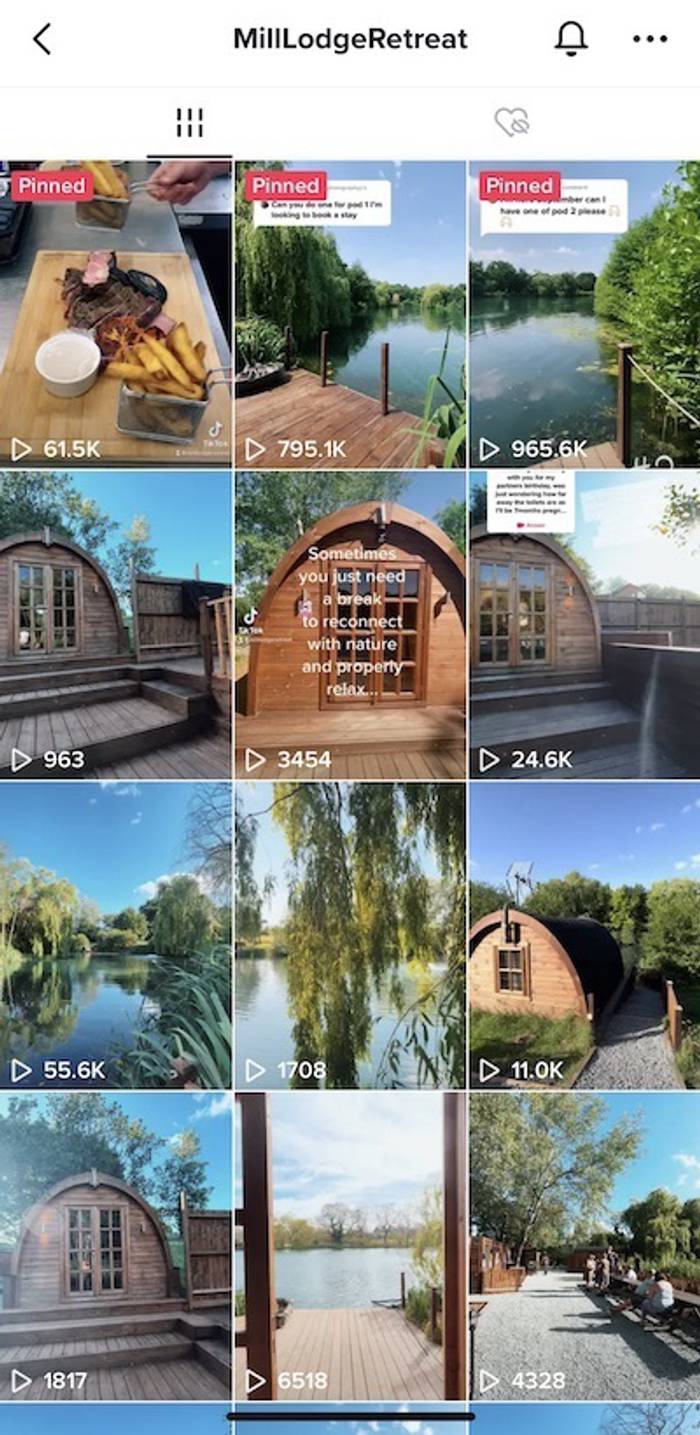Screenshot of the Mill Lodge Retreat TikTok feed.