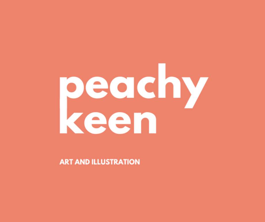 Bright coral background with bold white text reading "peachy keen" and smaller text below saying "ART AND ILLUSTRATION".