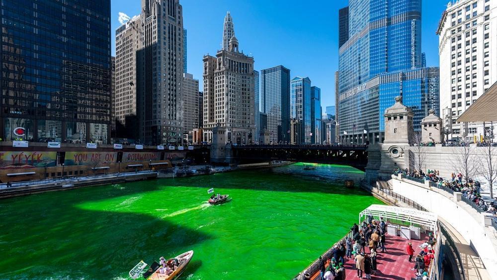 The river in Chicago dyed green for St Patrick's Day