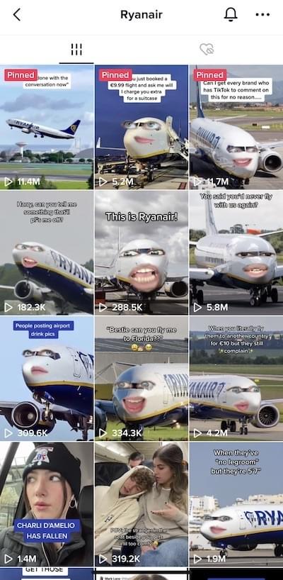 Screenshot of Ryanair TikTok feed.