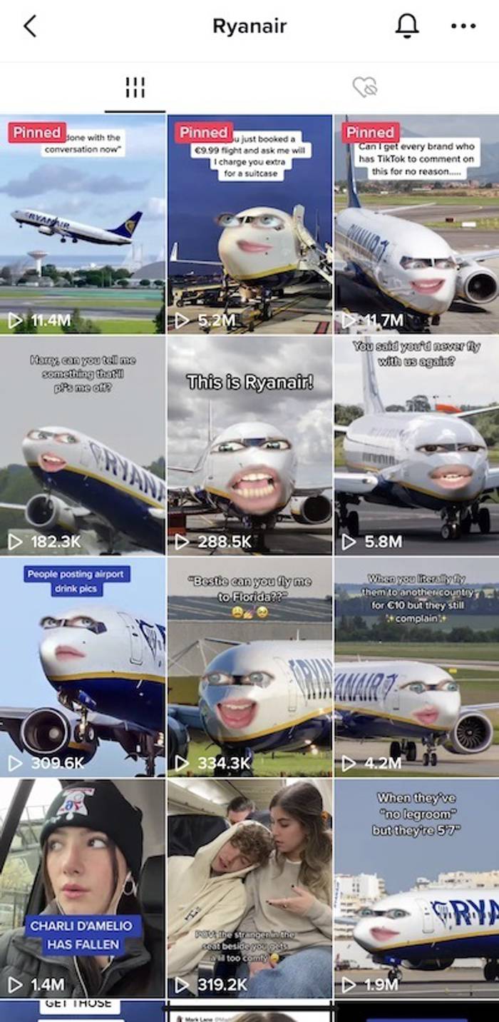 Screenshot of Ryanair TikTok feed.