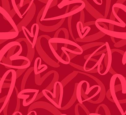 Various pink and red heart shapes and scribbles overlapping on a red background.