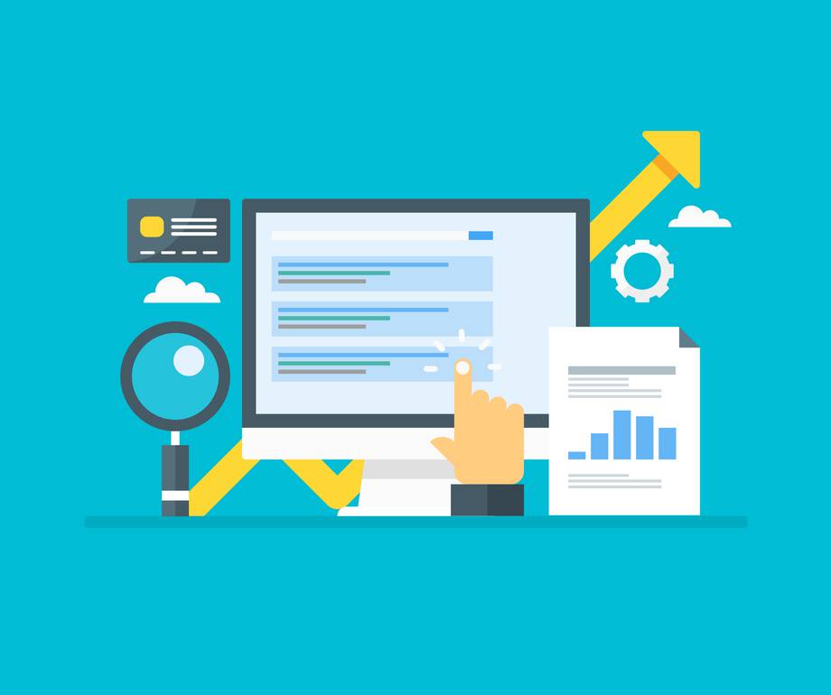 A digital illustration of a computer screen with data and charts, action lines, and a hand touching the screen, symbolising technology and progress.