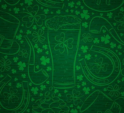 A neon green St Patrick's Day pattern with shamrocks, a beer glass, top hat, horseshoe, and pipe on a dark background.