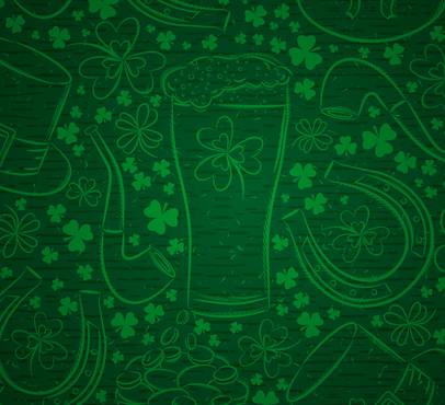 A neon green St Patrick's Day pattern with shamrocks, a beer glass, top hat, horseshoe, and pipe on a dark background.