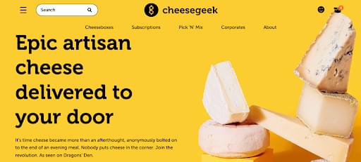 Epic artisan cheese delivered to your door with an image of cheeses on a yellow background.
