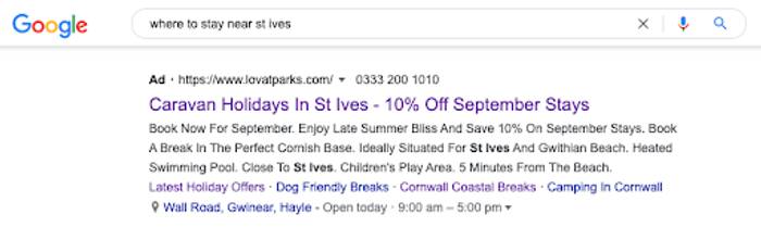 A PPC ad for caravan holidays in St Ives