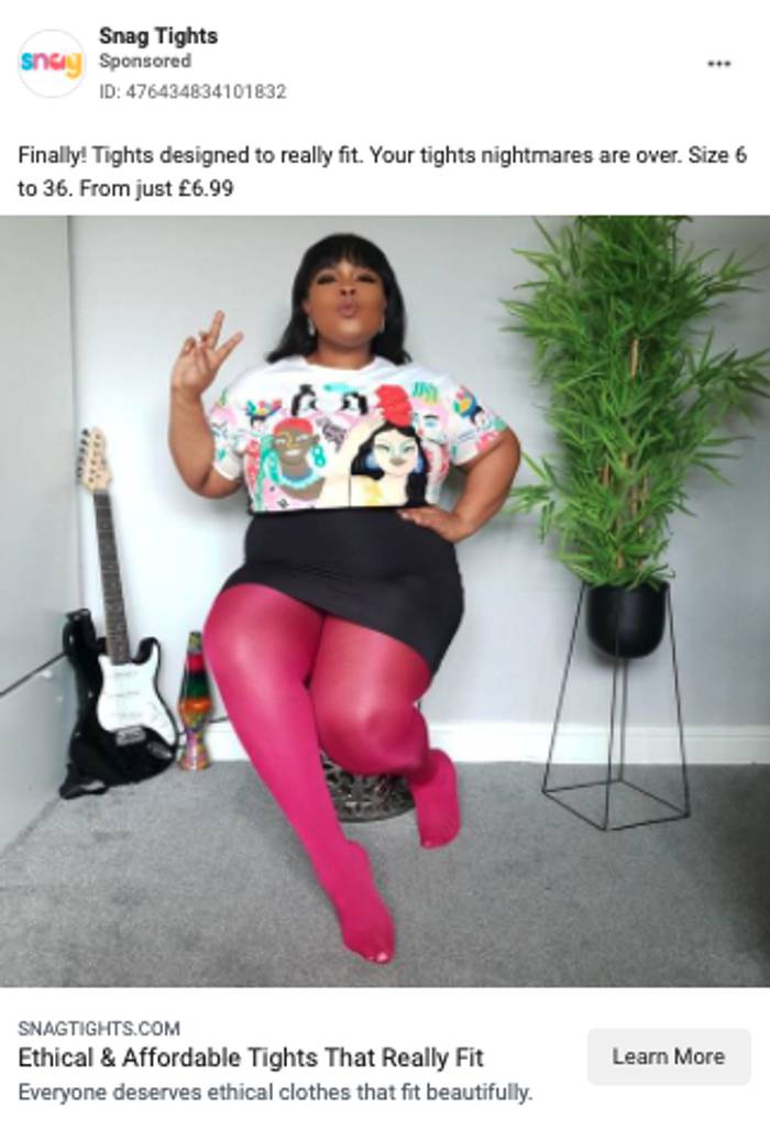 An example of an Facebook ad from Snag Tights