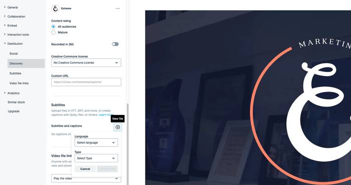 Adding a caption in Vimeo.