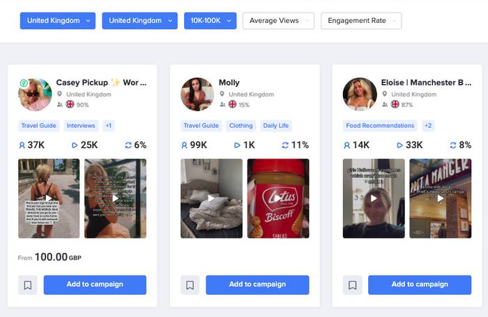 TRIBE influencer platform interface. Working with influencers.