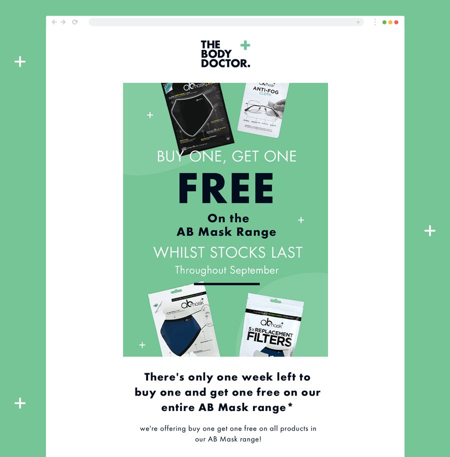 Promotional poster for buy one, get one free offer on AB Mask Range, featuring product images and text about the promotion throughout September.