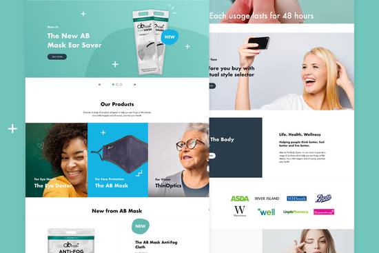 A blended image of a website homepage focused on health products, featuring various sections with images of masks, a woman smiling, and a person cleaning a surface.